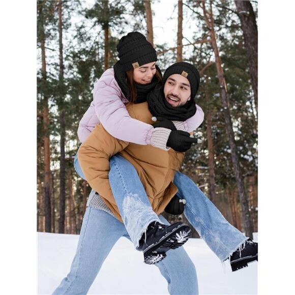 Winter Beanie Scarf Gloves Set Warm Knit Hat Touch Screen Gloves Unisex Adult - Picture 5 of 7